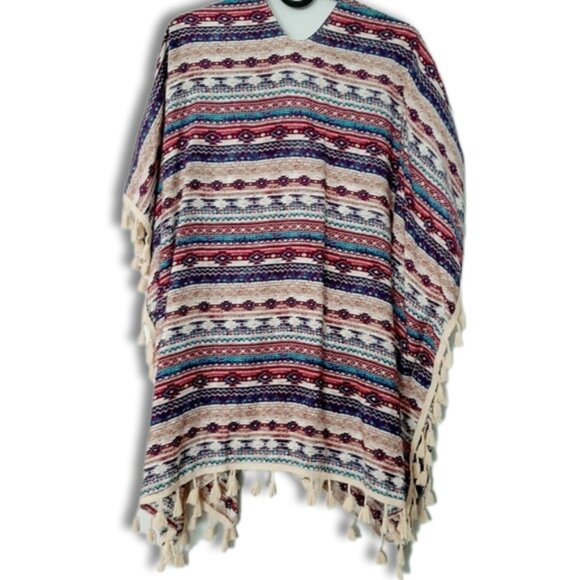 KISMET Light Boho Colorful Patterned Kimono Poncho Fringe Trim Southwestern OS - Picture 7 of 13